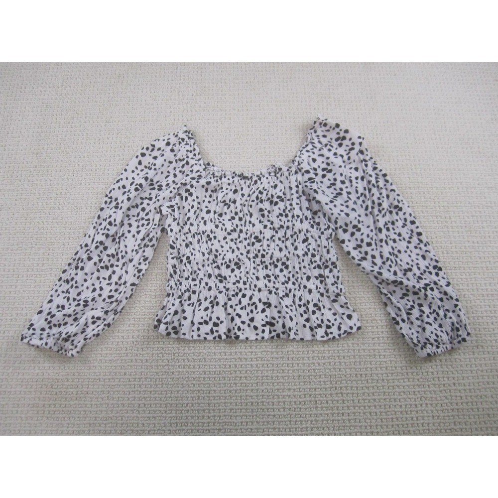 Angie Blouse Womens Large White Black Dotted Cropped Top Long‎ Sleeve Casual